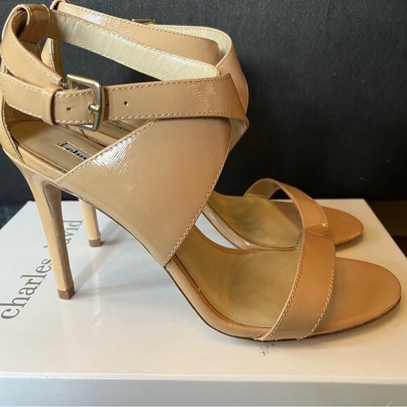Charles by Charles David Icon Camel Patent Leather Criss Cross Strap Sandal Heel - Picture 6 of 7